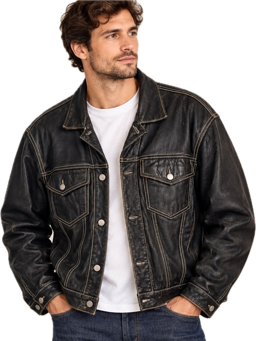 Vintage BP by Luis Alvear Black Leather Trucker Jacket Men’s L Made in Korea